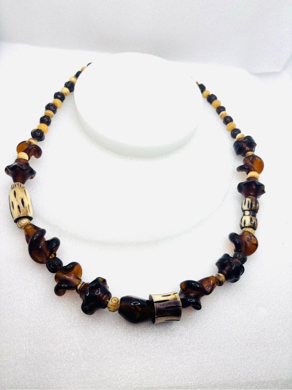 Vintage Safari Style Necklace Handcrafted Amber-Tone resin beads, bone cylinders
